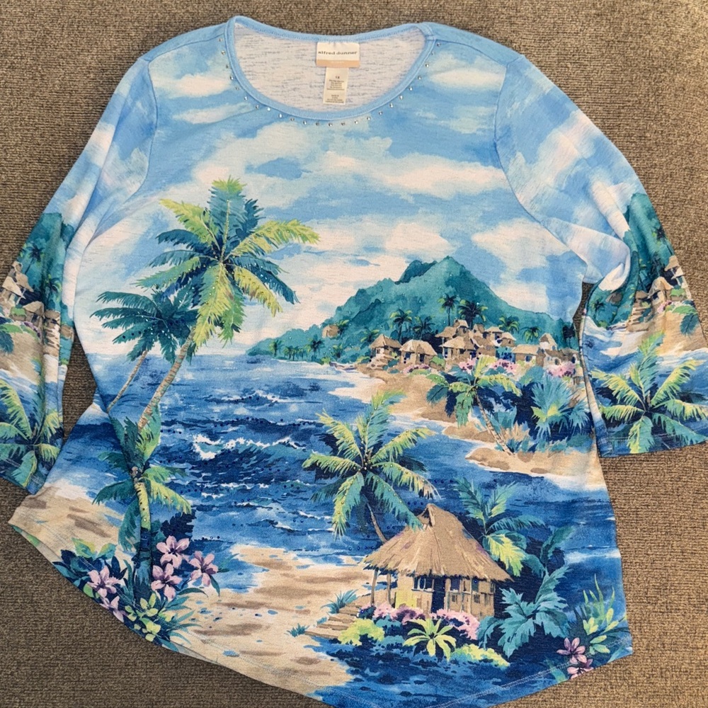 Alfred Dunner Tropical Beach Scene Long Sleeve Top